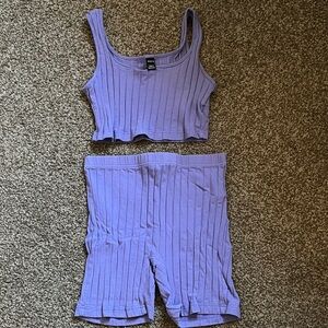 Shein Purple Ribbed Crop Top & Biker Shorts Set